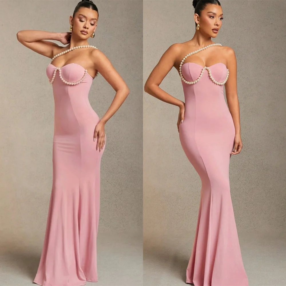 

Customized High Quality Pink Jersey Evening Dress Temperament Strapless Sleeveless Pearls Mermaid Special Occasion Gowns