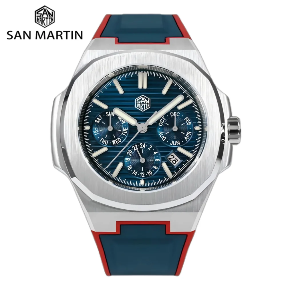San Martin 43mm 9120 Multi-Function Men Watch Mechanical Sport Hour Date Week Month Window FKM Rubber 10Bar Reloj Hombre SN0075B