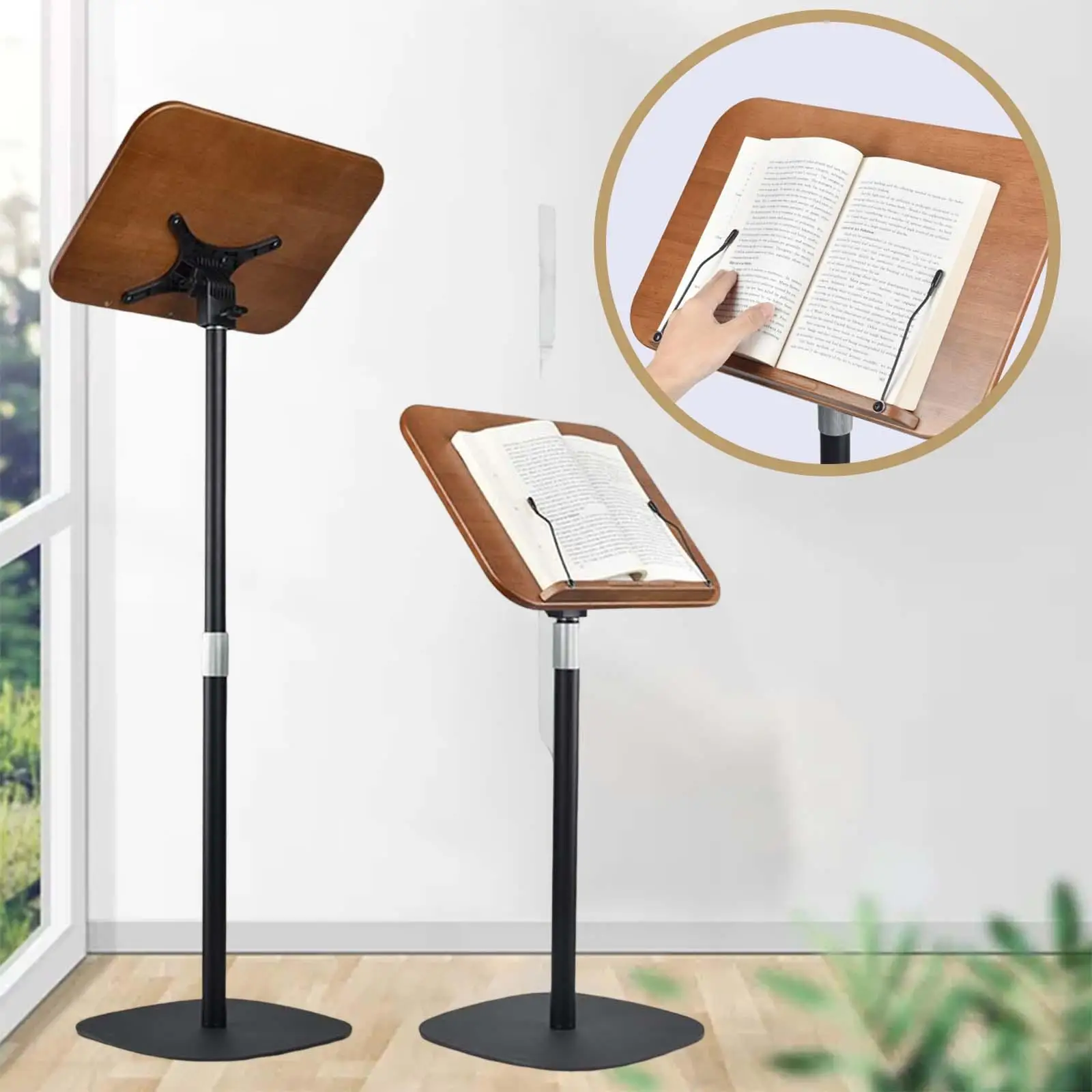 Wooden Book Stand Stable Base Rotated and Liftted Hands Free Holder Adjustable Height Cookbook Holder Sheet Music