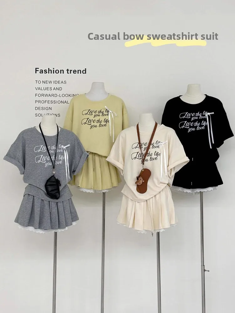 

plus Size 300 Pou Knot Print ort Sve T-irt Set Women Summer Slimming Lace Skirt Two Piece Casual Sportswear