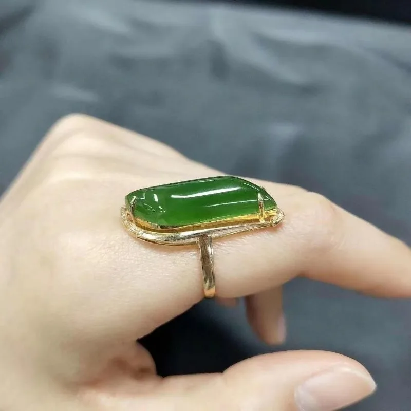 Fashion natural Hotan Jade ring Classic glossy silver inlaid vintage Willow leaf green rings for women fien jewelry adjustable