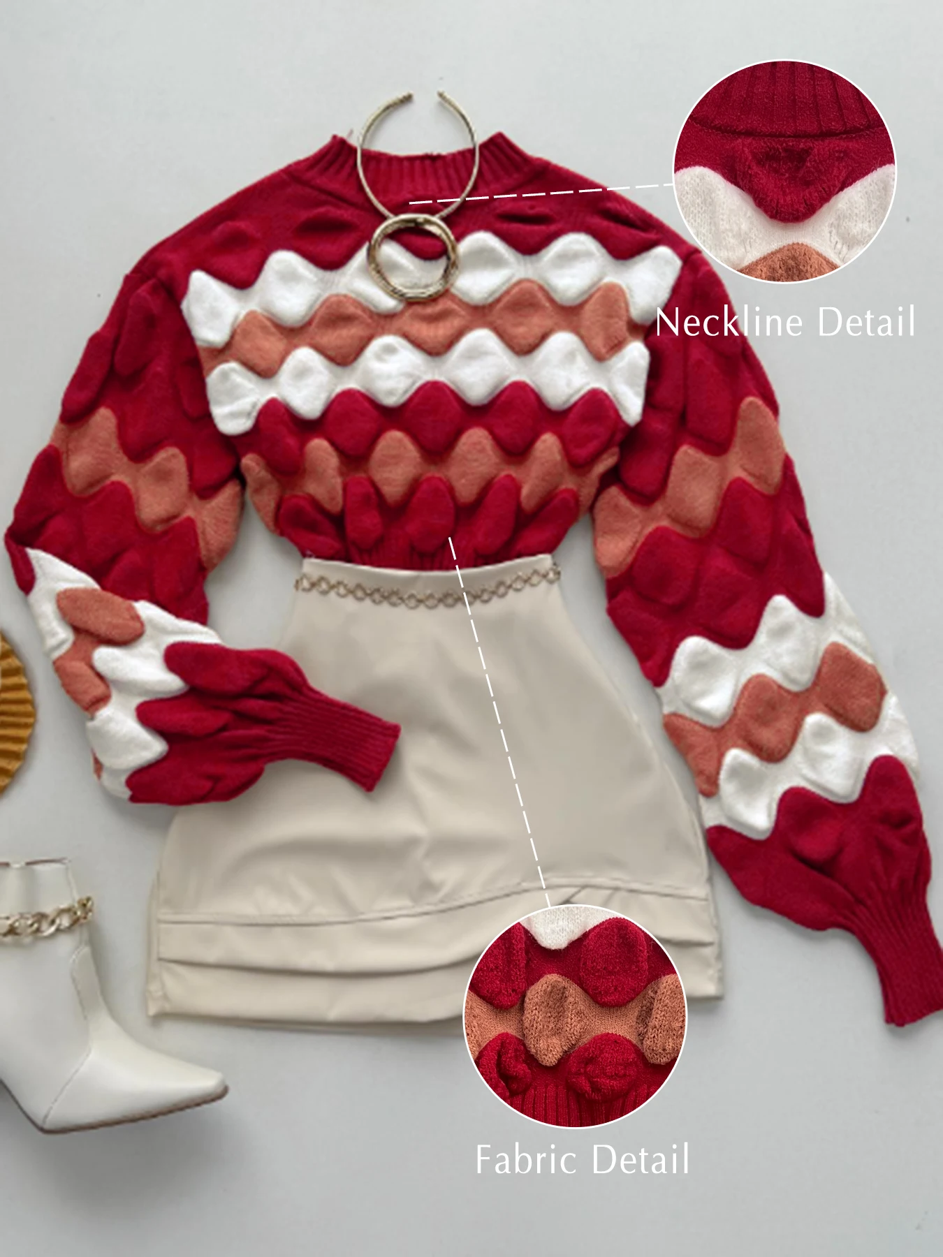 Fashion Bubble Pattern Contrast Color Pullover Long Sleeve Sweater-Women's Tops Hot Wool Soft Knitting