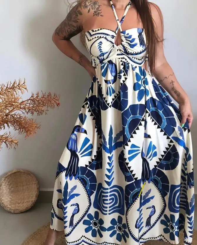 

Summer 2025 Women, Beach Sexy and Casual, Lace Up Backless Hanging Neck Dress Tropical Printed Camisole Skirt A-Line Long Skirt