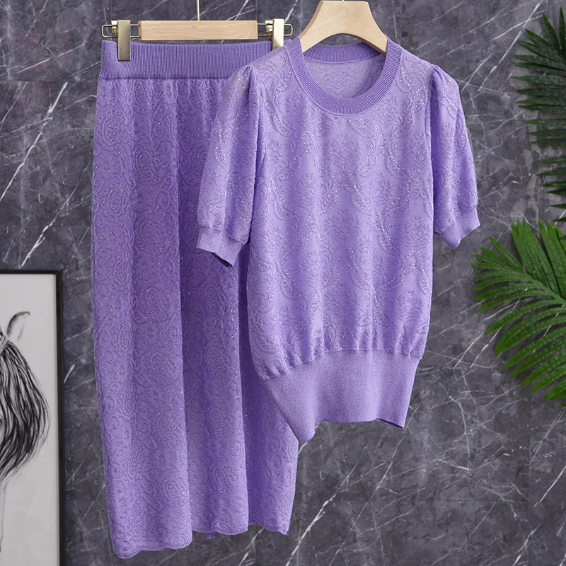 

Lu Purple ort Sve Knitwear Top And f Skirt Set Two Piece Set Lazy Sle Gentle Faion Women's Summer Outfits