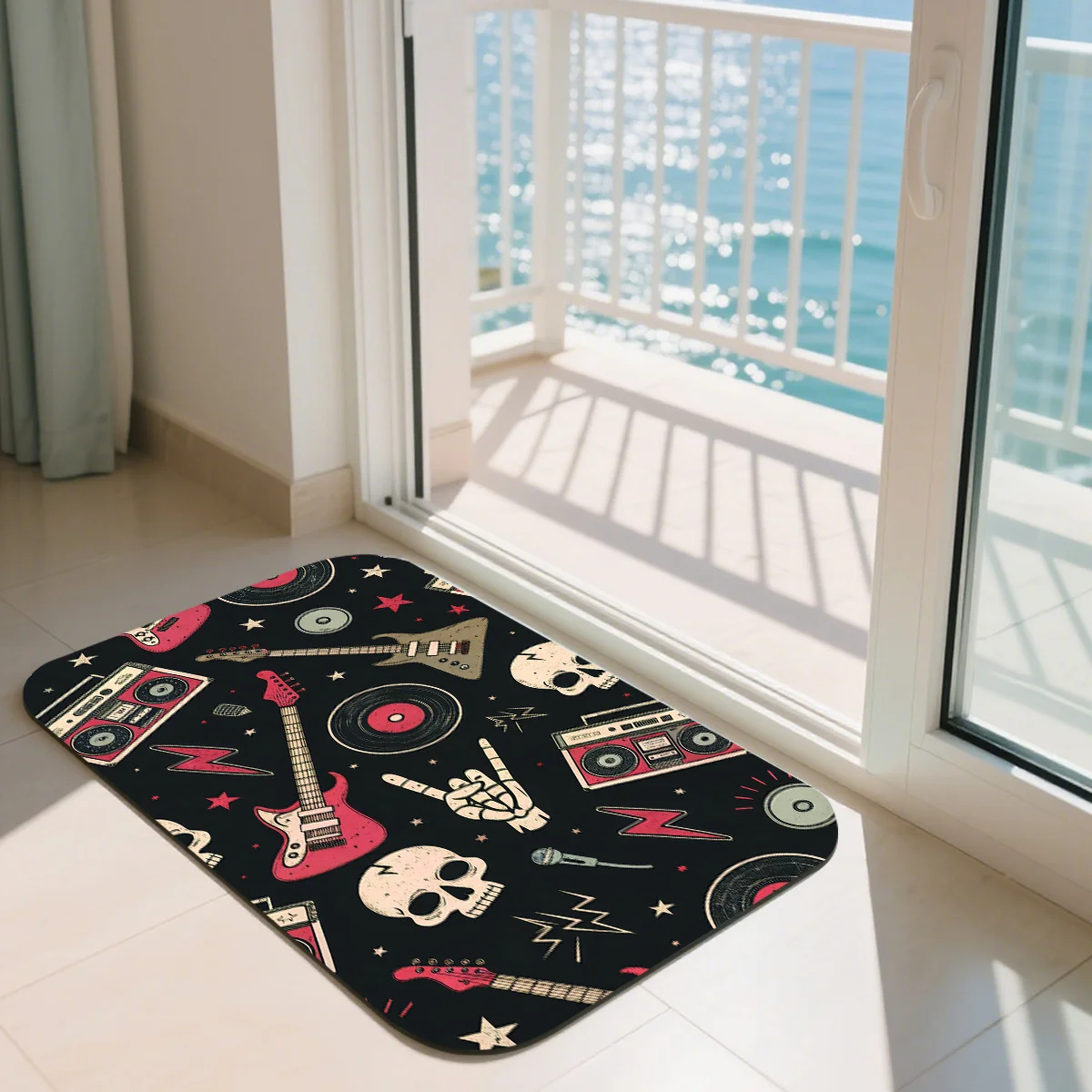 Rock Music Doormat, Vintage Skull Guitar Cassette Tape Rug, Cool Retro Floor Mat, Non-Slip Home Decor for Entryway & Living Room