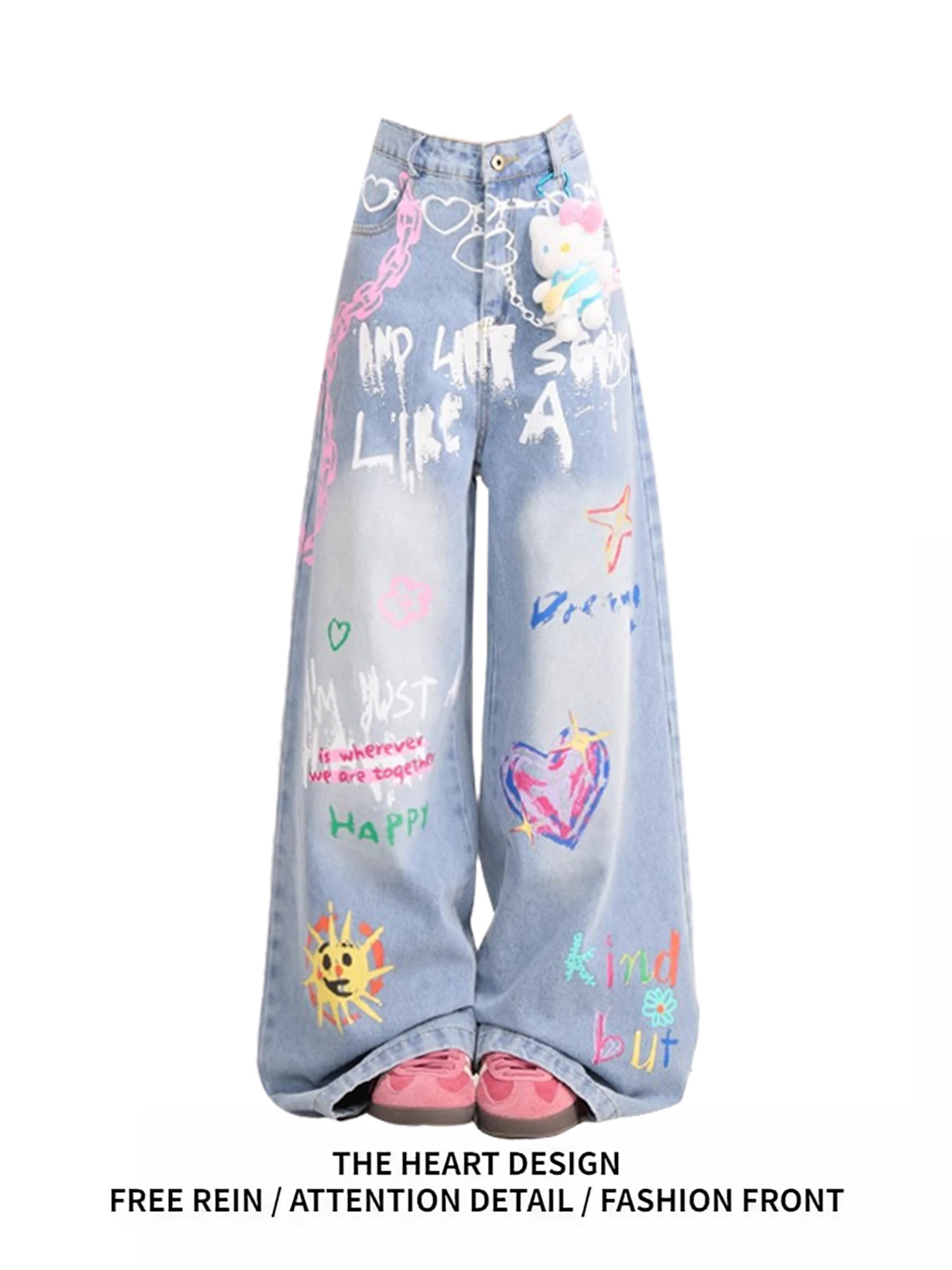 

Women's Light Blue Denim Wide Leg Jeans New Fashion Colorful Graffiti Letter Print High Waist Y2K Casual Streetwear Trousers