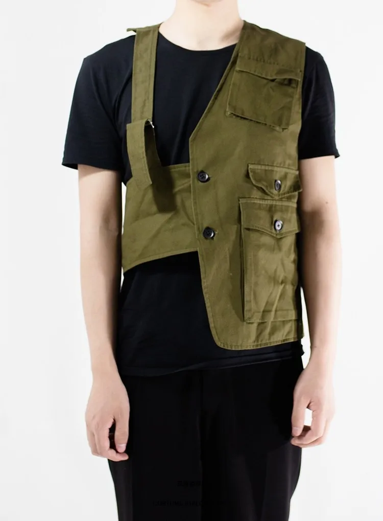Streetwear Men's Youth Fashion New Men's Vest Army Green Irregular Popular Casual Jacket Tide Male Photographer Coat Hombre Tops