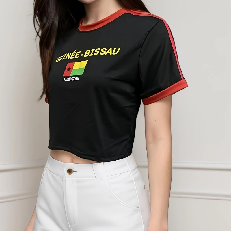 Retro Aesthetic Top, Green Summer T-Shirt, Embroidered Letter Pattern, Short-Sleeved Crop Top, Women's Clothing