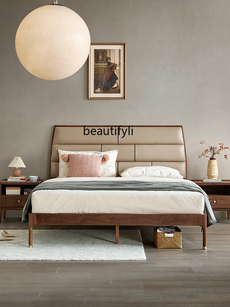 North America Black Walnut Solid Wood Bed Nordic Simple Light Luxury Designer Double Bedroom First Layer Cowhide Soft Bag