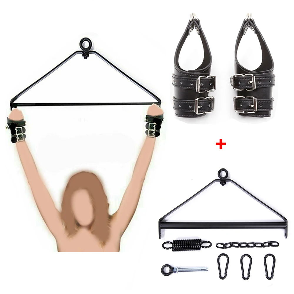 Suspension Faux Leather Handcuffs 360° Spinning Metal Steel Triangle Frame Spreader Bar Hanging Slings Rack BDSM Bondage Sex Toy