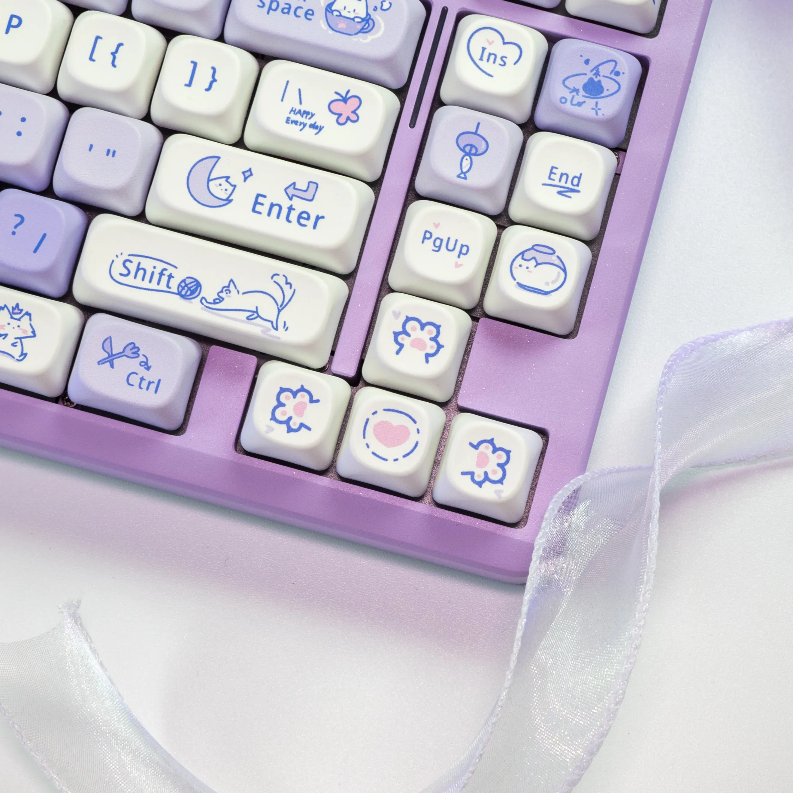 CAPWAYI Taro Cat Artisan Keycaps 130 toetsen PBT-set, MOA-profiel 5-zijdige Dye-Sub paars wit thema met metalen visgraatcadeau voor MX