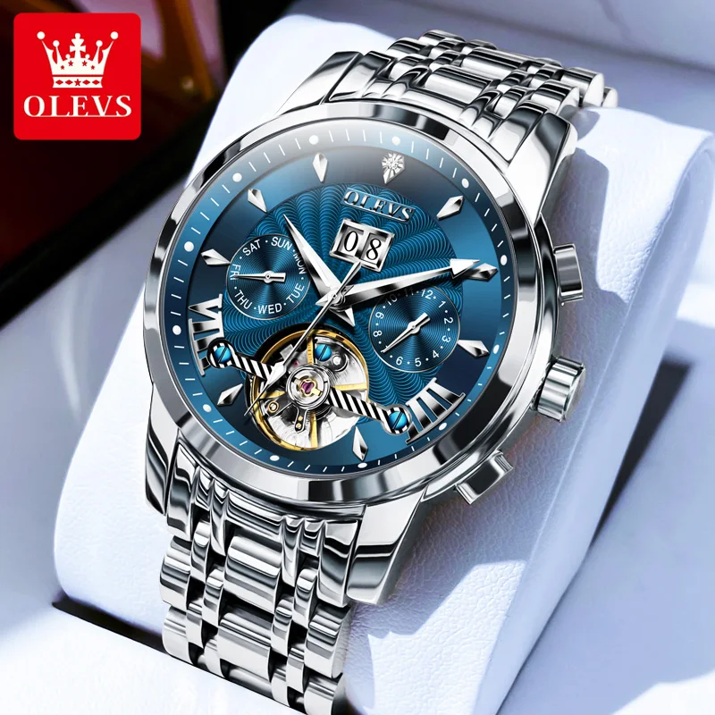 OLEVS Luxury Brand Automatic Mechanical Watch for Men Multifunctional Date Luminous Waterproof Stainless steel Skeleton Flywheel