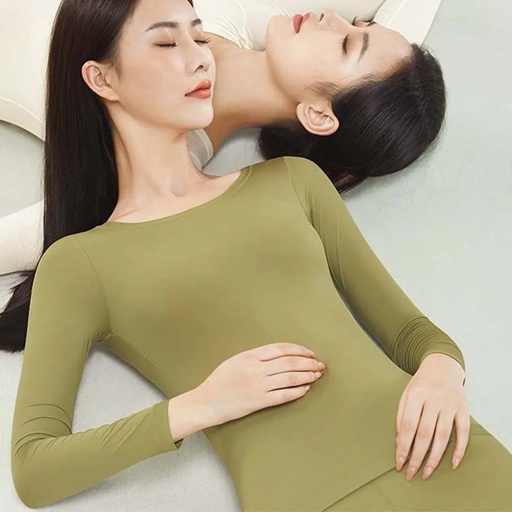 

Ultra Thin Women Thermal Clothes Round Neck Invisible Thermal Underwear Tops and Pants Set Feel Heating Warmth Long Pants Lady