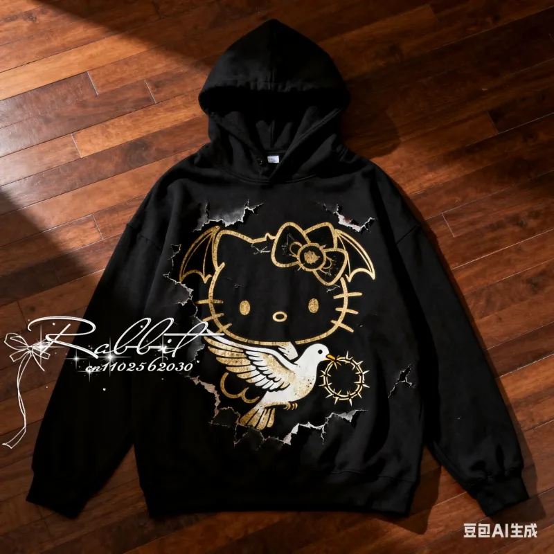 

Autumn and WinterNewRetro Hello Kitty Special EditionPeaceDoveCotton and Velvet Warm Hoodie for Women Japanese and Korean Hoodie