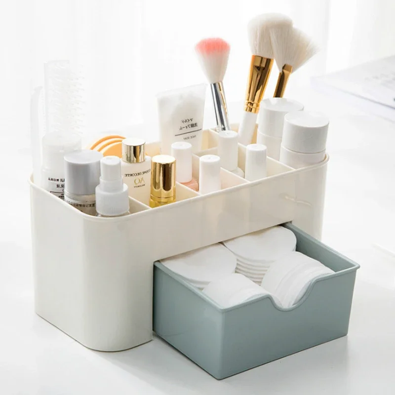 

Acrylic Makeup Organizer with Drawer - Swab Stick Case & Lipstick Brush Holder