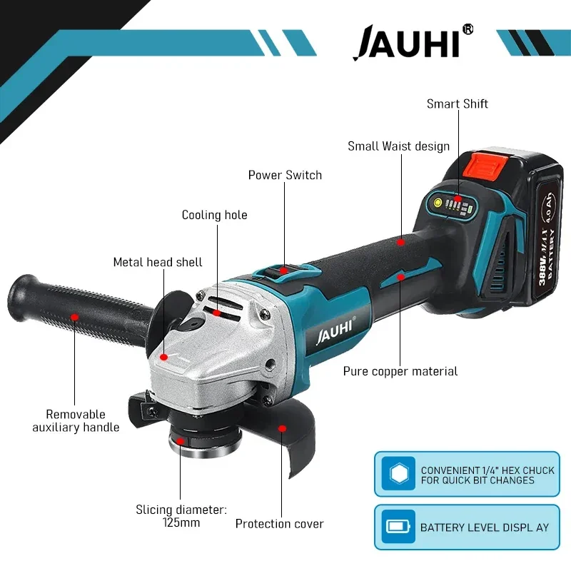 JAUHI-amoladora angular eléctrica sin escobillas, herramienta eléctrica con batería Makita de 18V para herramientas de decoración, 4 engranajes,