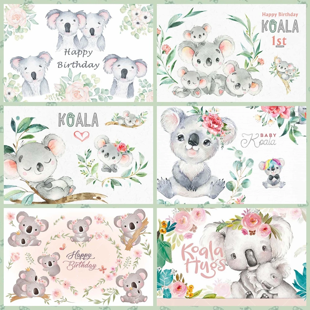 

Cute Cartoon Koala Animal Flowers Leaves Kids Gift Birthday Party Banner Backdrop Custom Kid Room Photo Poster Decor Background