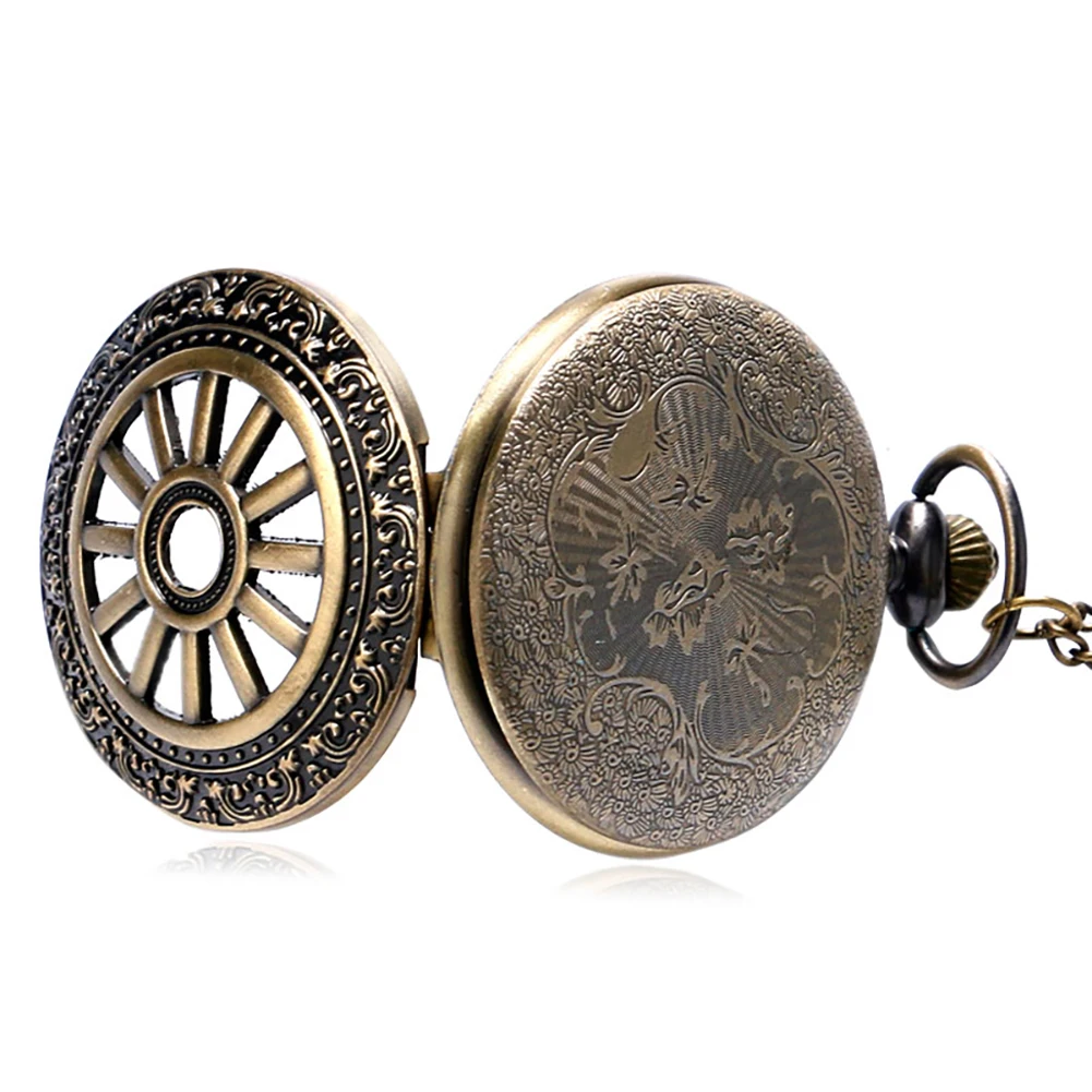 Orologio da tasca al quarzo in bronzo cavo, collana, orologio con numeri arabi, quadrante classico, orologio con ciondolo vintage, regalo per uomo e donna