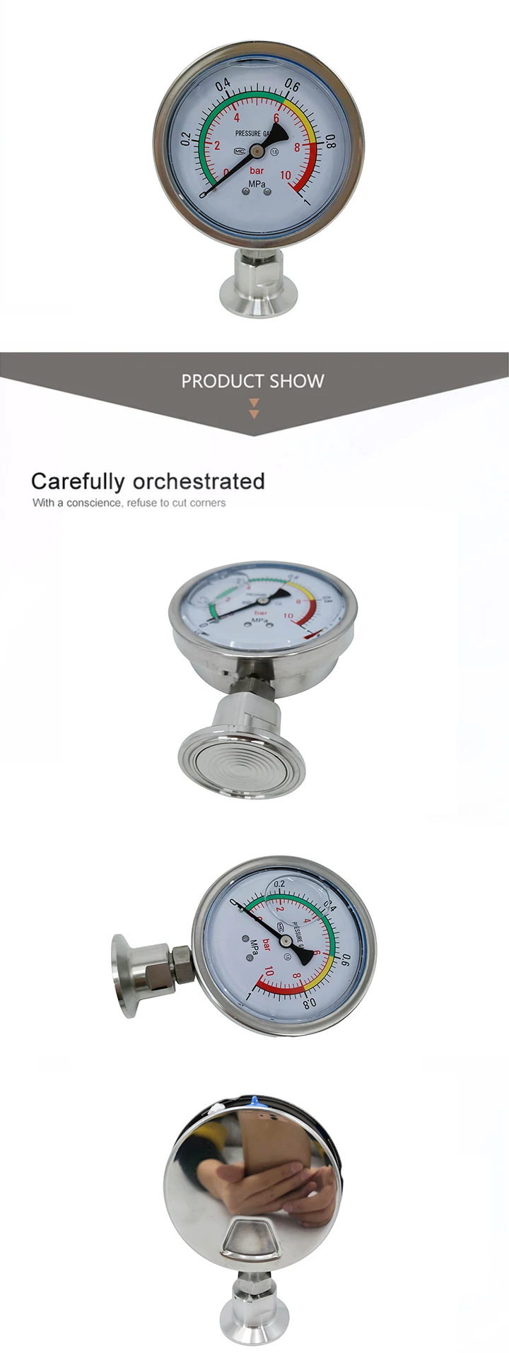 Stainless Steel Sanitary High Quality Price SS304 SS316L Hygienic Hygiene 1Mpa Diaphragm Pressure Gauges with Tri-clover Ends