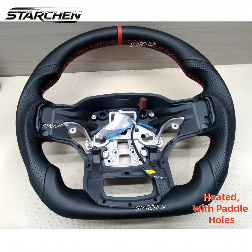 Full Leather Steering Wheel, Perforated Leather Grip Heated Steering Wheel for Ford F150 Raptor 2021-2024 with Paddle Shifter Holes & Heating