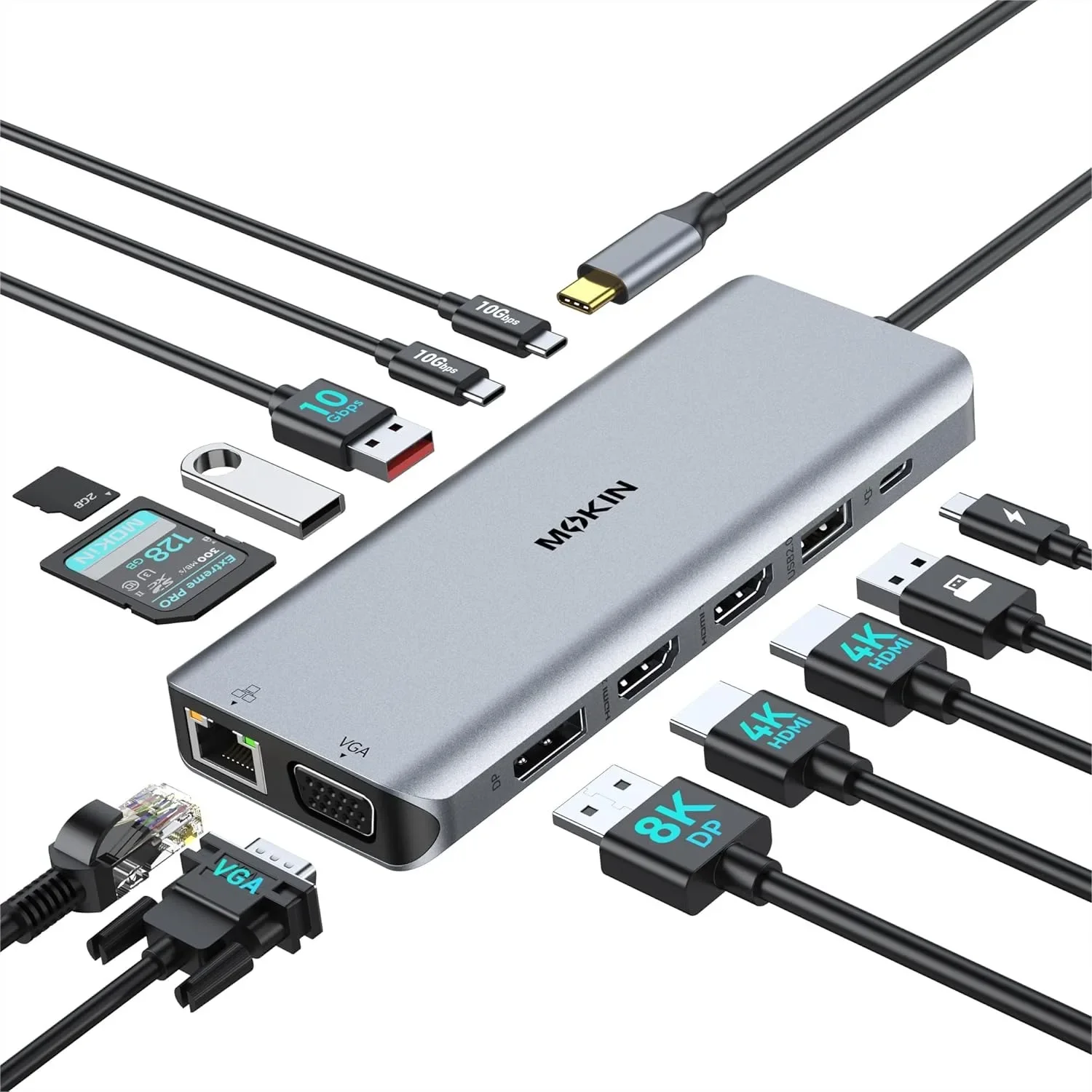 13 in 1 USB C Docking Station with 4 Monitors, Dual HDMI 4K@60Hz + DP + VGA, 10Gbps USB 3.1, 100W PD, Ethernet, SD/TF for