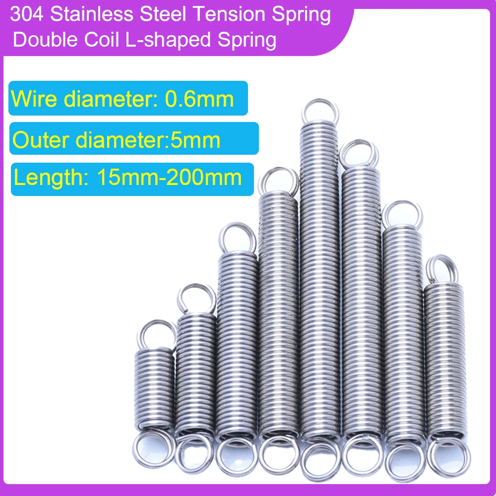 

2-30pcs 304 Stainless Steel Double Coil L-shaped Tension Spring Steel Wire Diameter 0.6mm Od 5mm Length 20mm-200mm