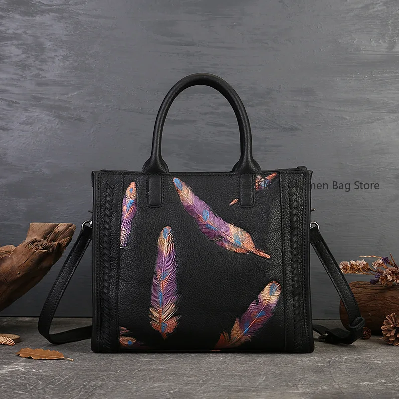 

2025 New Retro Feather Embossed Handbag Genuine Leather Women Bag Large Capacity Real Cowhide Casual Shoulder Bags