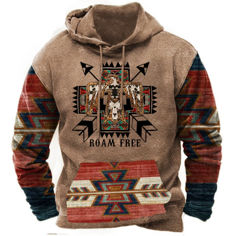 Vintage Indian Printed Men\'s Hoodie New Harajuku Clothing Streetwear Unisex Hooded Sweatshirt Male Brand Casual Pullover Tops