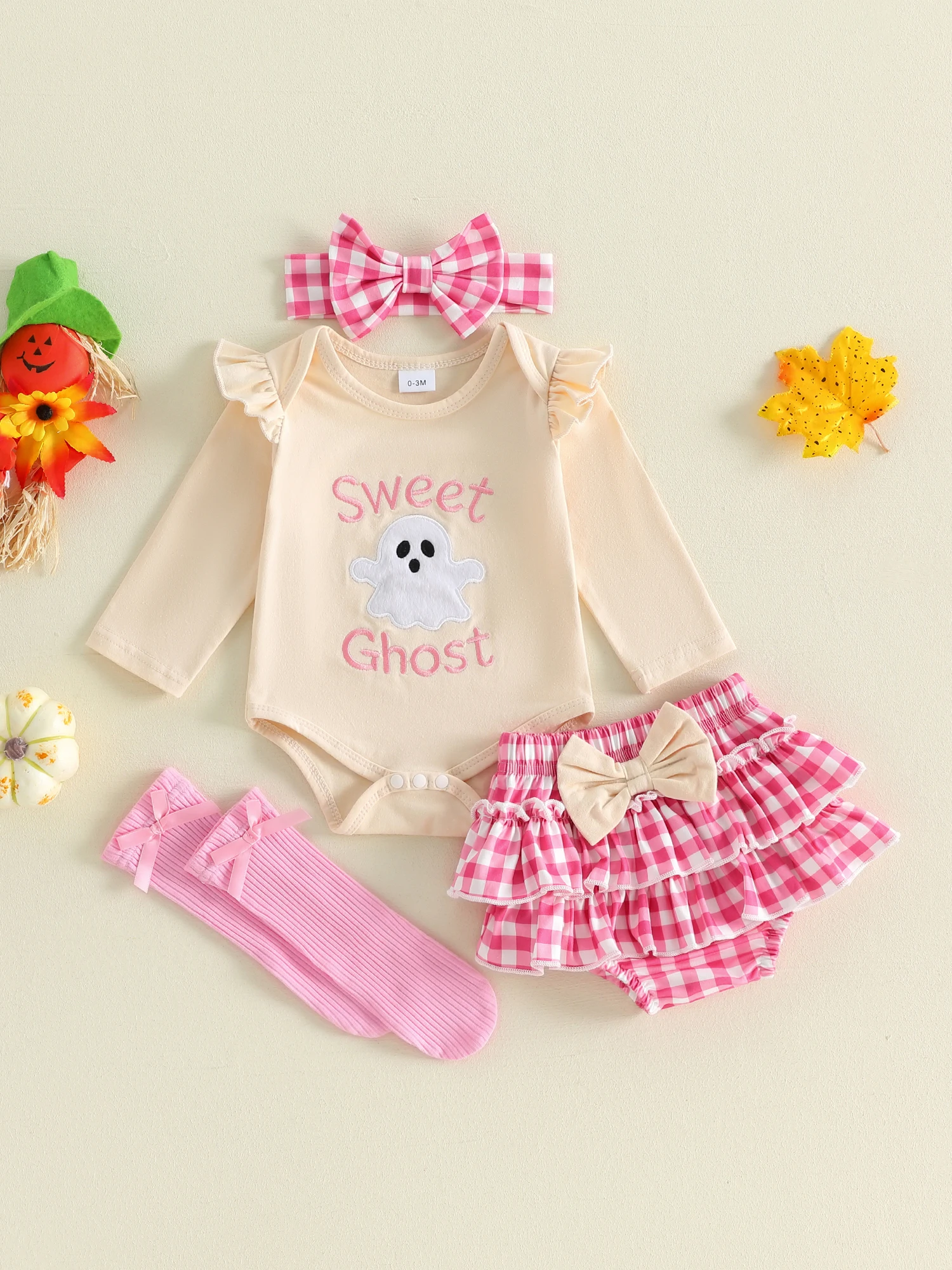 

Toddler Boys Halloween Costume Pumpkin Print Long Sleeve Romper and Striped Pants Set with Hat and Socks for Infants
