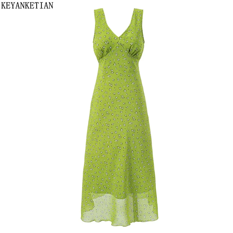 

KEYANKETIAN 2025 Summer New Women's Floral Print Sleeveless MIDI dress Holiday wind Back Lace Up Slim V-Neck Chiffon Dresses