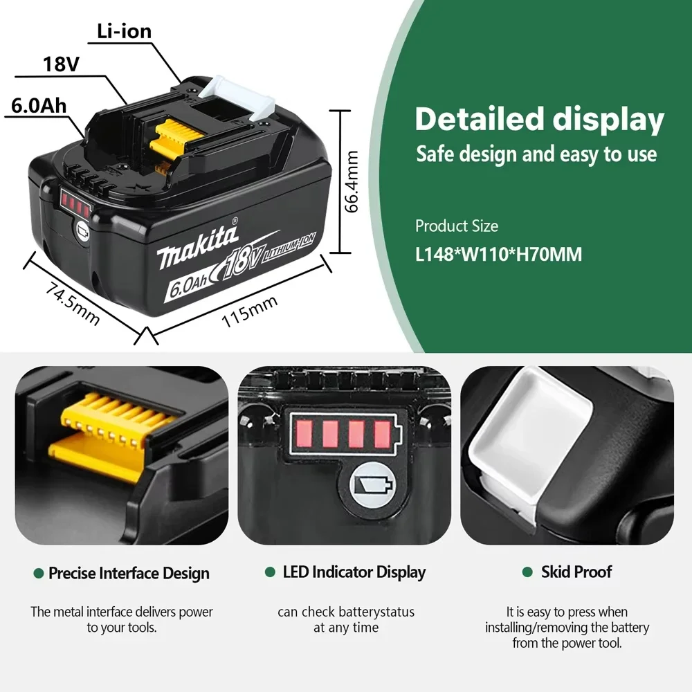 100% Original Makita 18V Battery, Replaceable LED Lithium-ion, 6.0Ah 18V LXT BL1860B BL1850B BL1830B Send Charger