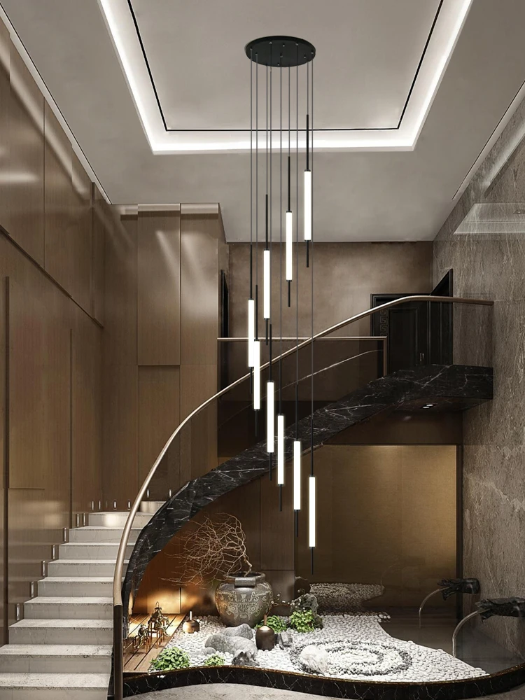 Stair chandelier duplex building villa Nordic minimalist design strip spiral staircase simple loft apartment chandelier