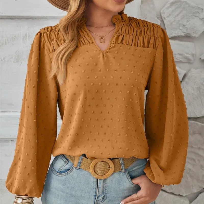

Elegant Women's Yellow Office Blouse For Spring/summer Fashion V-neck Pleated Woven Jacquard Long Sleeved Chiffon Shirt Camicie