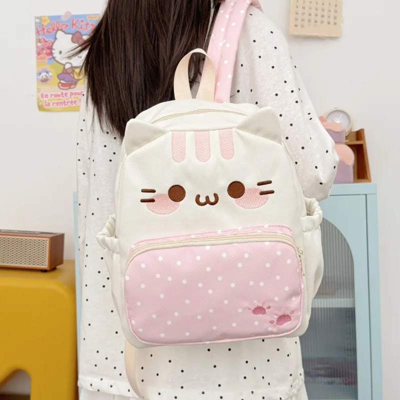 Kitten-Shaped Cartoon Backpack Young Girls Sweet Kawaii Daypack Cute Dot Nylon Bag Students School Bags Outings Casual Rucksack