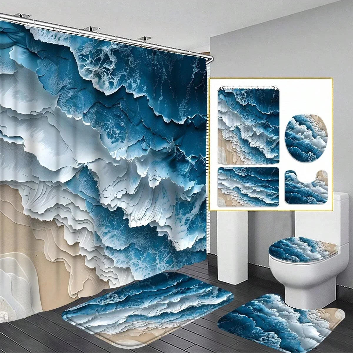 4pcs Blue & White Wave Pattern Bathroom Set, Waterproof Fabric Shower Curtain With 12 Hooks,Non-Slip Bathroom Rug,Bathroom Decor