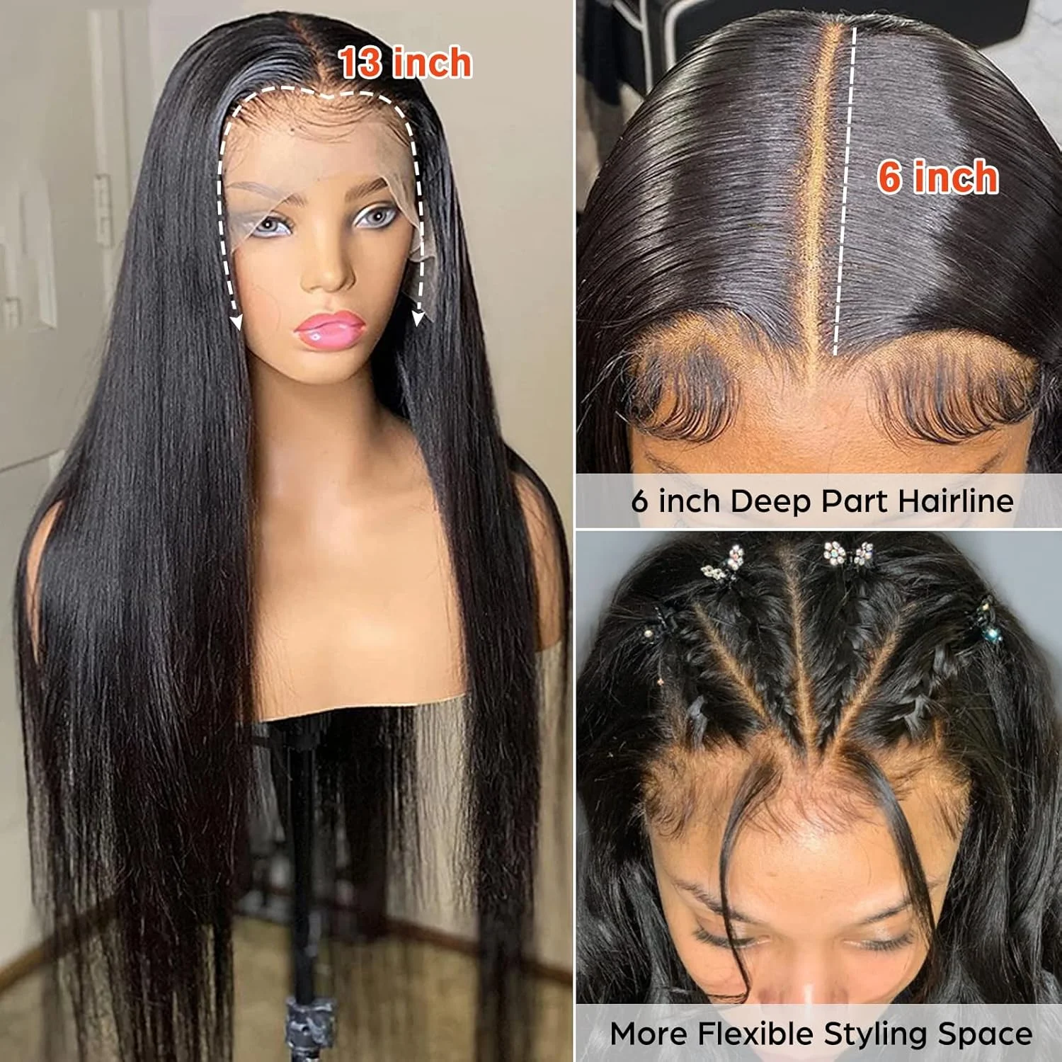 Wig Rambut Asli 34 inci 13x6 Lace Front, Kepadatan 200, Pre Plucked, Lurus, HD Lace Wig Rambut Asli, Wig Lace Frontal Lurus 13x6