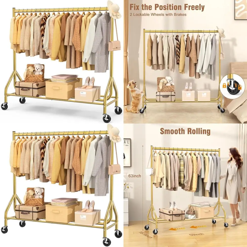

Sturdy Gold Rolling Clothes Rack, 420 lbs Capacity, Portable Metal Wardrobe with Lockable Wheels, 59x18.9x63