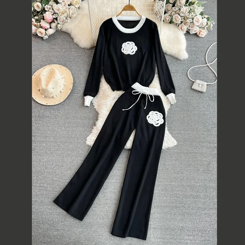 New Autumn Korean Fashion Casual Knit Two Piece Set Women Sweater Top + Wide Leg Pant Suits Tracksuit 2 Piece Sets