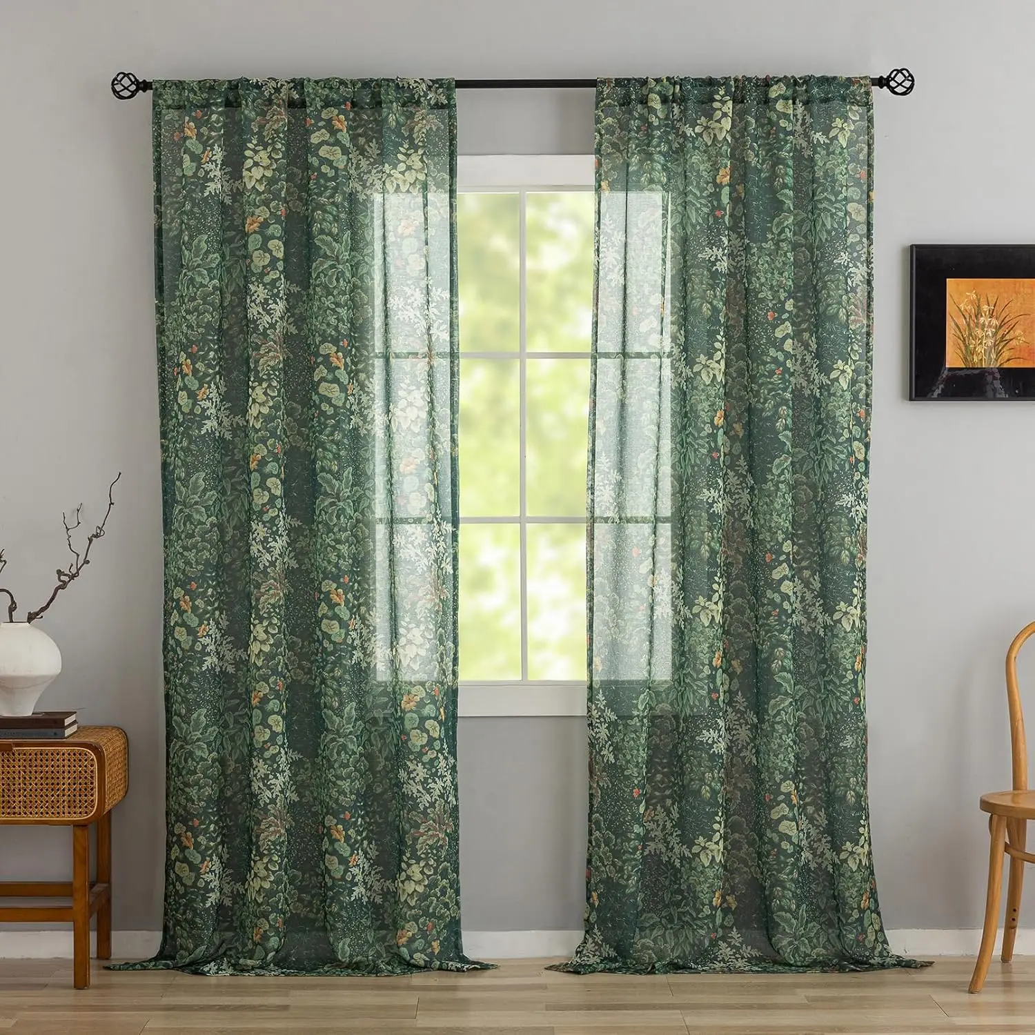 

Green Pattern Sheer Curtains 95 Inch Length 2 Panels Vintage Boho Botanical Leaf Floral Curtains for Living Room, Rod Po