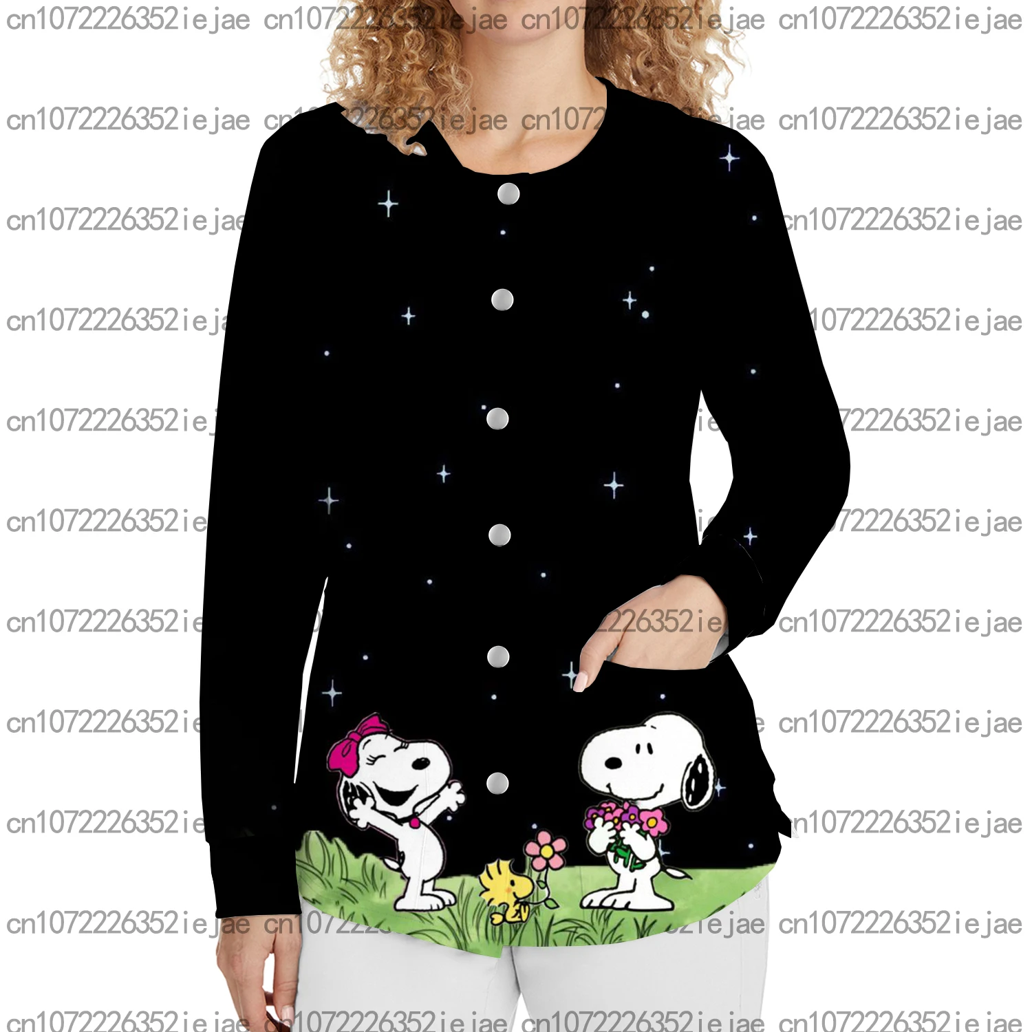 سنوبي مطبوعة كم طويل ممرضة موحدة صالون تجميل الأسنان الحيوانات الأليفة متجر المرأة جيب أزرار خاطفة ثوب جراحي دافئ سترة