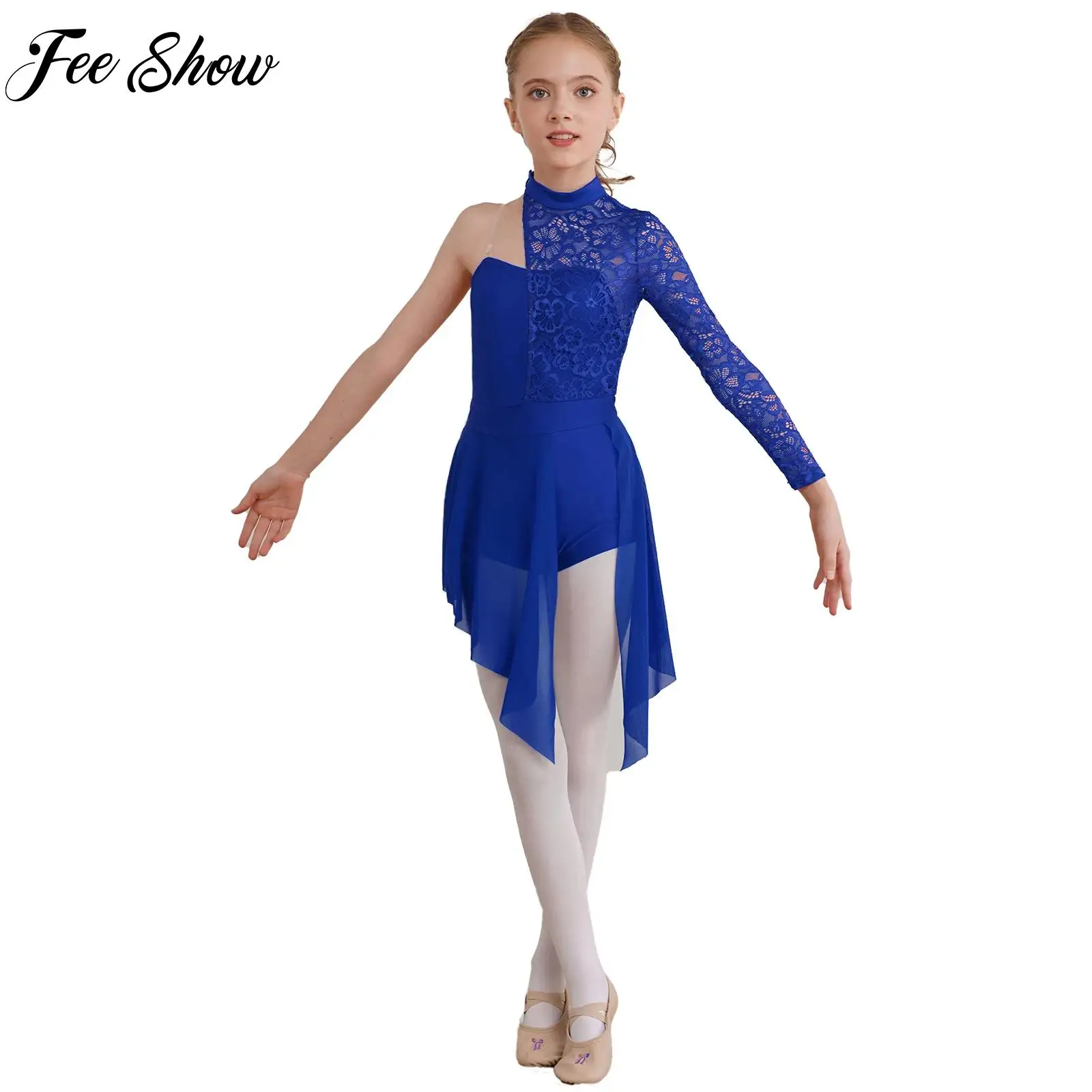 

Детское балетное лирическое современное танцевальное платье для девочек на одно плечо, кружевное балетное гимнастическое фигурное катание на коньках, сценические костюмы