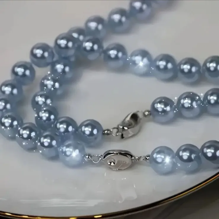 Elegant Ocean Blue Round Pearl Necklace Women's High-end Feeling Pearl Collarbone Chain, Gold Ingot Buckle Wholesale Accessories