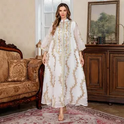Eid Ramadan Vestito Da Partito per Le Donne Maxi Manica Lunga Maglia Perline Abiti Lagors Dubai Arabo Abaya con Mantello Elegante Elbise 2024