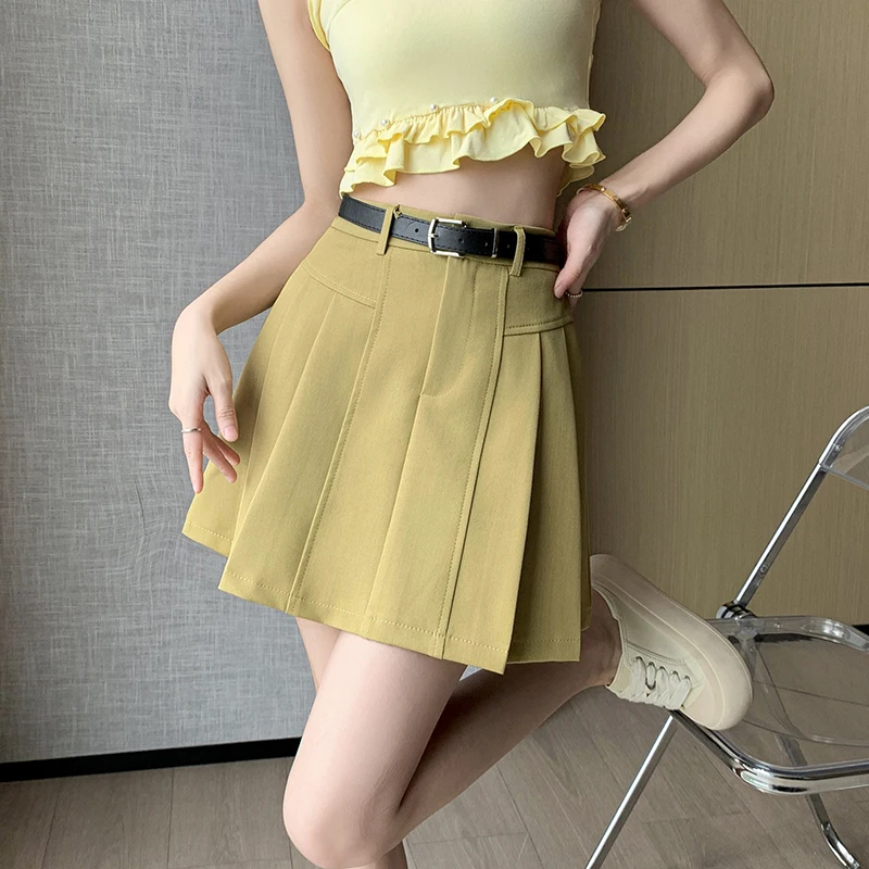 

Coigarsam Women Short Skirt Spring 2024 New Solid Folds High Waist Yellow Green Gray Black Skirts