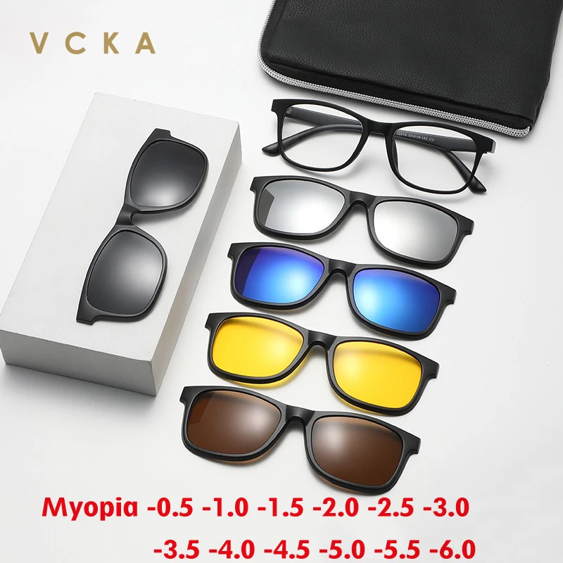 

VCKA 6 in 1 Myopia Sunglasses Women Frames Clips Magnetic Suit Fashion Prescription Eyeglasses Men Square Glasses -0.5 TO -6.0