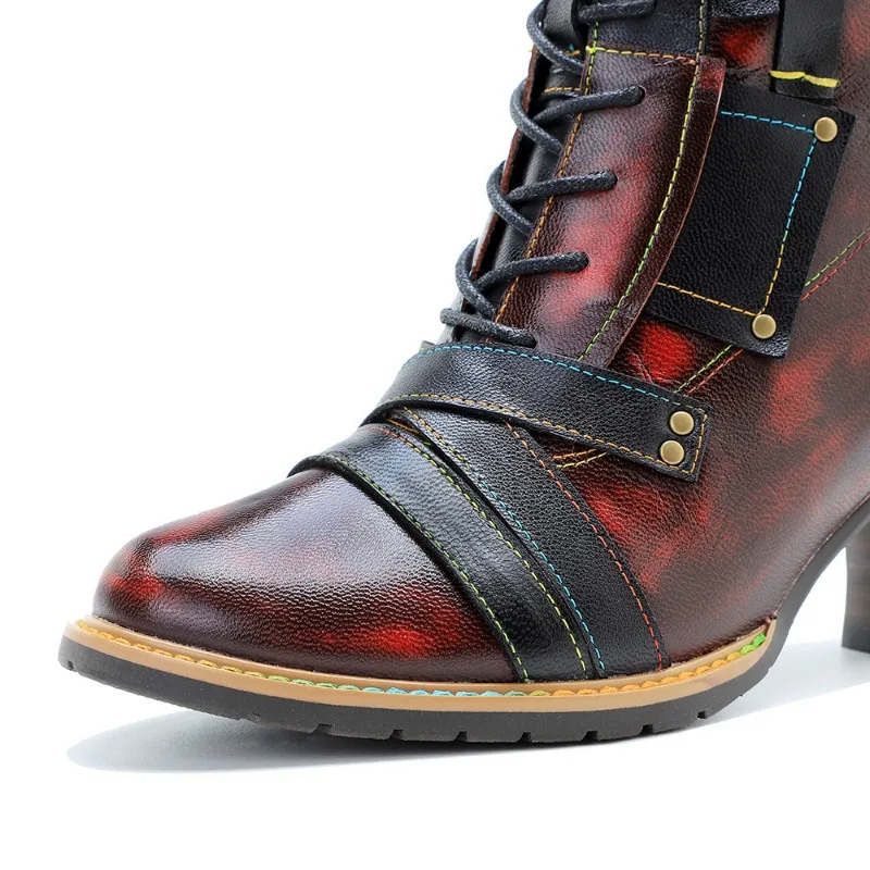 Women Boots Fashion Ankle Boots Metal decoration ZIP Genuine leather Manual color wiping British Style Women Shoes red