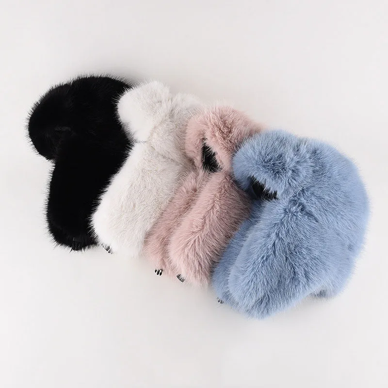 أزياء المرأة أفخم رقيق Bomber القبعات Y2K الأزرق تقليد مارتن الفراء يندبروف الدافئة سدادات حماية الأذن قبعة تزلج الشتاء قبعة صغيرة #5