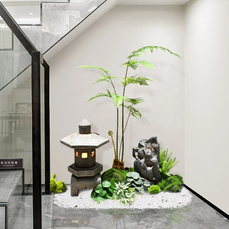 Decoration simulation under the stairs, green plants, rockery, small stones, landscape landscaping arrangement, indoor dry scene