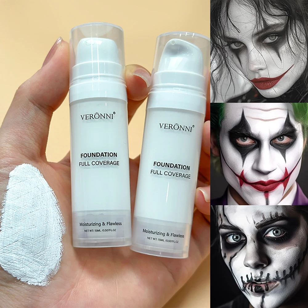 VERONNI Base líquida blanca mate de cobertura total, maquillaje resistente de cobertura extrema, fórmula cremosa impermeable y duradera