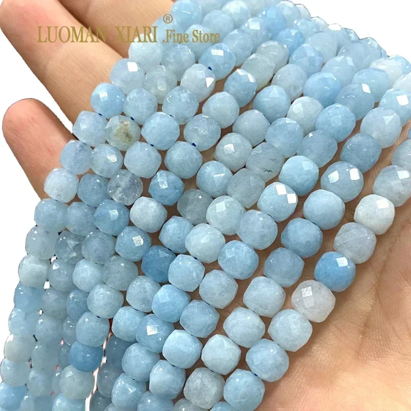 Kwadratowe koraliki dystansowe z naturalnego chalcedonu akwamarynowego 7-8 mm do wyrobu biżuterii, bransoletek DIY, zawieszek i akcesoriów.